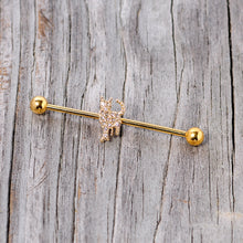 将图片加载到图库查看器，14G Clear Gem Gold Tone Glamourpuss Cat Industrial Barbell 38mm
