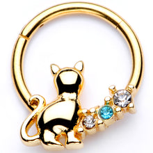 将图片加载到图库查看器，16G 3/8 Blue Clear Gem Gold Tone Cat Hinged Segment Ring
