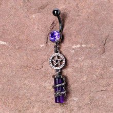 Load image into Gallery viewer, Purple CZ Gem Black Witch Way Dragon Pentagram Dangle Belly Ring
