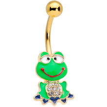 Load image into Gallery viewer, Clear Gem Gold Tone Green Goofy Frog Belly Ring
