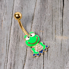 Load image into Gallery viewer, Clear Gem Gold Tone Green Goofy Frog Belly Ring
