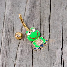 Load image into Gallery viewer, Clear Gem Gold Tone Green Goofy Frog Belly Ring
