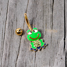 将图片加载到图库查看器，Green Gem Gold Tone Green Goofy Frog Belly Ring
