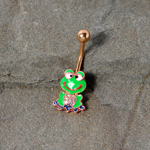 Load image into Gallery viewer, Clear Gem Rose Gold Tone Green Goofy Frog Belly Ring

