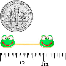Load image into Gallery viewer, 14G 9/16 Gold Tone Green Goofy Frog Barbell Nipple Ring Set
