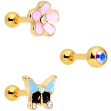 Load image into Gallery viewer, 16G 1/4 Aurora Gem Gold Tone Flower Cartilage Tragus Set of 3

