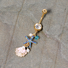 Load image into Gallery viewer, Clear Blue Gem Gold Tone Ocean Treasure Nautical Dangle Belly Ring
