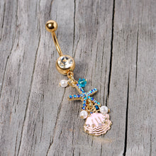 Load image into Gallery viewer, Clear Blue Gem Gold Tone Ocean Treasure Nautical Dangle Belly Ring

