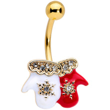 Load image into Gallery viewer, Clear Gem Gold Tone Winter Mittens Snowflake Christmas Belly Ring
