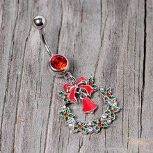 Load image into Gallery viewer, Red Gem Holiday Bell Wreath Christmas Dangle Belly Ring
