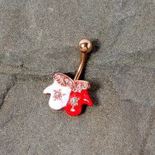 Load image into Gallery viewer, Clear Gem Rose Gold Tone Winter Mittens Snowflake Christmas Belly Ring
