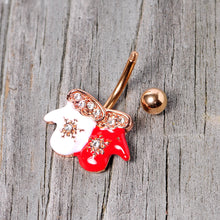 Load image into Gallery viewer, Clear Gem Rose Gold Tone Winter Mittens Snowflake Christmas Belly Ring
