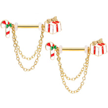 Load image into Gallery viewer, 14G 5/8 Gold Tone Candy Cane Gift Holiday Dangle Nipple Ring Set
