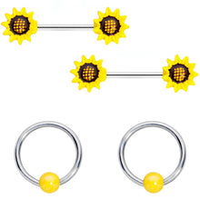 Load image into Gallery viewer, 14G 9/16 1/2 Yellow Sunflower UV BCR Barbell Nipple Ring Set of 4
