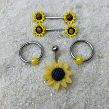 Load image into Gallery viewer, 14G 9/16 1/2 Yellow Sunflower UV BCR Barbell Nipple Ring Set of 4
