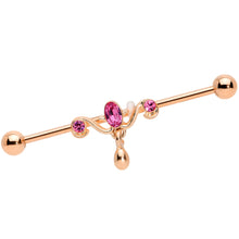 Load image into Gallery viewer, 14G Pink Gem Rose Gold Tone Drop Dangle Industrial Barbell 38mm
