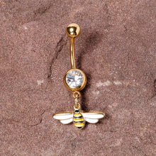 将图片加载到图库查看器，Clear Gem Gold Tone Striped Bee Dangle Belly Ring
