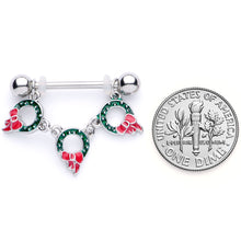 Load image into Gallery viewer, 14G 5/8 Holiday Wreath Christmas Chain Dangle Nipple Ring Set
