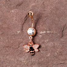 将图片加载到图库查看器，Black Clear Gem Rose Gold Tone Bee Dangle Belly Ring
