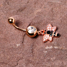 将图片加载到图库查看器，Black Clear Gem Rose Gold Tone Bee Dangle Belly Ring
