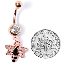 将图片加载到图库查看器，Black Clear Gem Rose Gold Tone Bee Dangle Belly Ring

