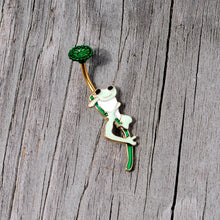Load image into Gallery viewer, Green Gold Tone Frog Flower Double Mount Belly Ring
