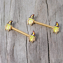 Load image into Gallery viewer, 14G 9/16 Gold Tone Witch Halloween Barbell Nipple Ring Set
