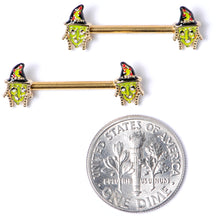 Load image into Gallery viewer, 14G 9/16 Gold Tone Witch Halloween Barbell Nipple Ring Set
