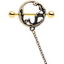 Load image into Gallery viewer, 14G Clear Gem Gold Tone Moon Mermaid Nipple Shield Dangle Chain

