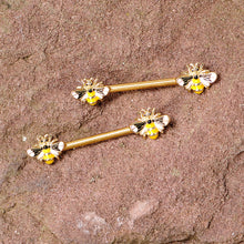 Load image into Gallery viewer, 14G 9/16 Gold Tone Yellow Pink Bee Barbell Nipple Ring Set
