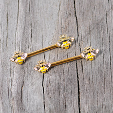 Load image into Gallery viewer, 14G 9/16 Gold Tone Yellow Pink Bee Barbell Nipple Ring Set
