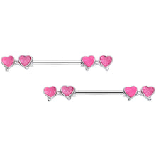 Load image into Gallery viewer, 14G 9/16 Pink Double Hearts Barbell Nipple Ring Set

