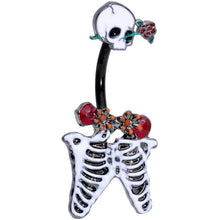 将图片加载到图库查看器，Black Skeleton Skull Rose Halloween Double Mount Belly Ring
