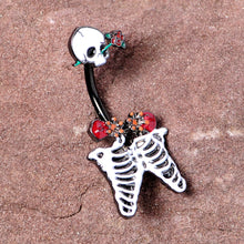 将图片加载到图库查看器，Black Skeleton Skull Rose Halloween Double Mount Belly Ring
