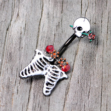 将图片加载到图库查看器，Black Skeleton Skull Rose Halloween Double Mount Belly Ring
