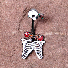 将图片加载到图库查看器，Black Skeleton Skull Rose Halloween Double Mount Belly Ring
