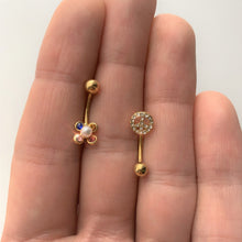 Load image into Gallery viewer, 16G 5/16 Pink Blue Gem Gold Tone Flower Curved Eyebrow Ring
