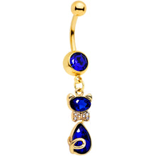 Load image into Gallery viewer, Clear Blue Gem Gold Tone Classy Cat Dangle Belly Ring
