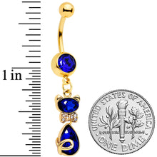 Load image into Gallery viewer, Clear Blue Gem Gold Tone Classy Cat Dangle Belly Ring
