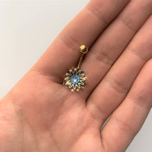 Load image into Gallery viewer, Gold Tone Aqua Center Sunburst Flower Belly Ring
