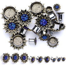 Load image into Gallery viewer, Blue Faux Druzy Sunburst Flower Double Flare Plug Set 2G to 1"
