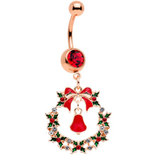 Load image into Gallery viewer, Red Gem Rose Gold Tone Holiday Wreath Christmas Dangle Belly Ring
