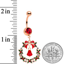 Load image into Gallery viewer, Red Gem Rose Gold Tone Holiday Wreath Christmas Dangle Belly Ring
