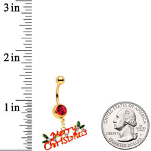 将图片加载到图库查看器，Red Gem Gold Tone Merry Christmas Dangle Belly Ring
