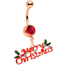 Load image into Gallery viewer, Red Gem Rose Gold Tone Merry Christmas Dangle Belly Ring
