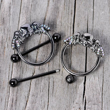 Load image into Gallery viewer, 14G 7/8 Aurora Gem Black Winged Skull Halloween Nipple Shield Set
