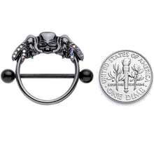 Load image into Gallery viewer, 14G 7/8 Aurora Gem Black Winged Skull Halloween Nipple Shield Set
