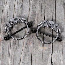 Load image into Gallery viewer, 14G 7/8 Clear Gem Black Winged Skull Halloween Nipple Shield Set
