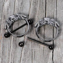 Load image into Gallery viewer, 14G 7/8 Clear Gem Black Winged Skull Halloween Nipple Shield Set
