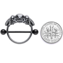 Load image into Gallery viewer, 14G 7/8 Clear Gem Black Winged Skull Halloween Nipple Shield Set

